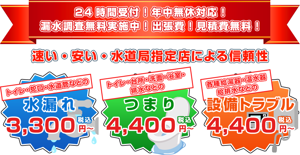 水漏れ 3,300円(税込)~ 詰まり 4,400円(税込)~ 設備トラブル 4,400円(税込)~